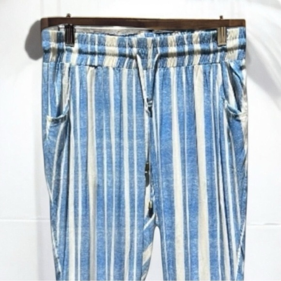 🌻some days lovin' Blue & White Stripe Casual Viscose Pull Up Flare Hem Pants S - Picture 2 of 7